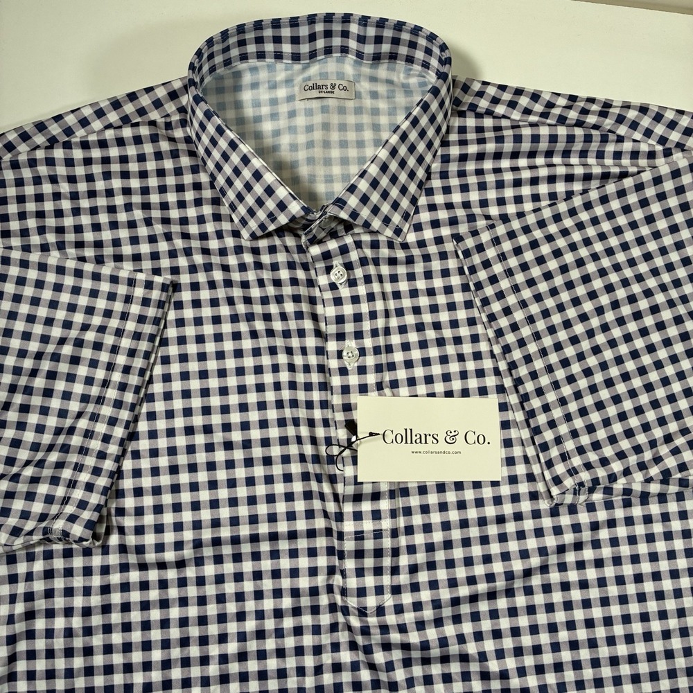 NEW‎ Collars and Co. Dress Polo Shirt 3XL Blue Check Short Sleeve Office NWT